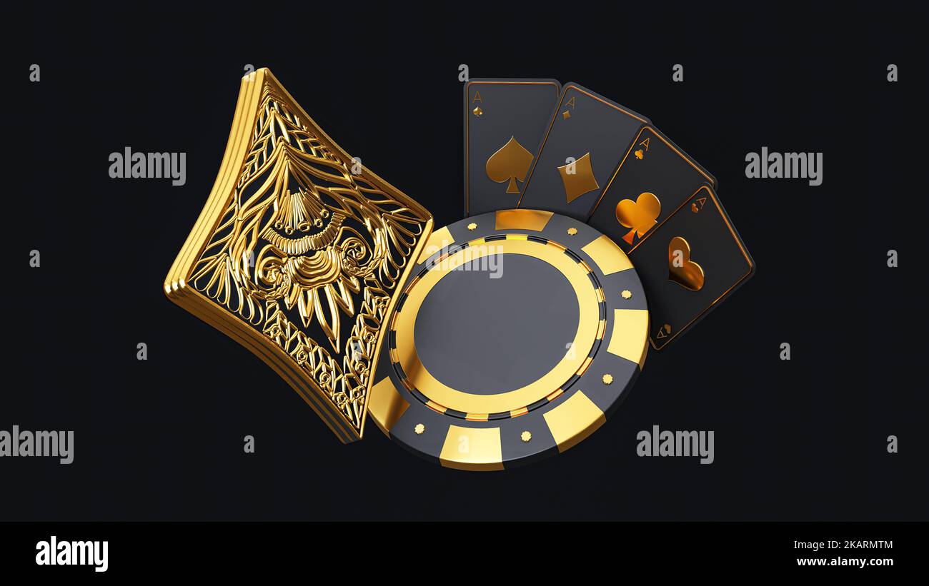 Icona della carta da gioco, simboli tradizionali della carta da gioco ricamati, chip di poker e assi. Nero e oro isolato su sfondo scuro. rendering 3d Foto Stock