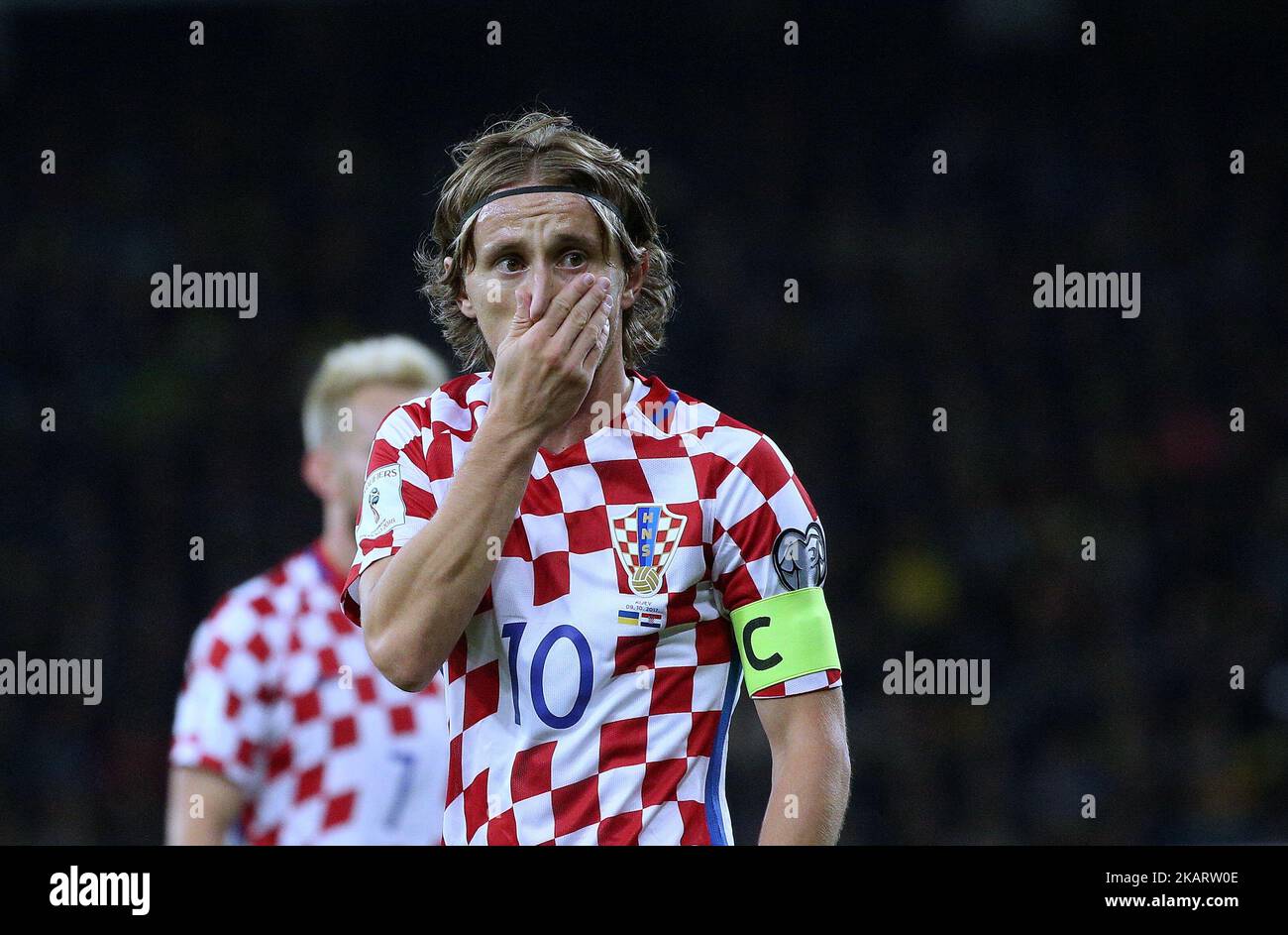 Luka Modric della Croazia durante la Coppa del mondo di Gruppo i qualificando la partita di calcio tra Ucraina e Croazia allo Stadio Olimpico di Kiev, Ucraina il 9 ottobre 2017. (Foto di Danil Shamkin/NurPhoto) Foto Stock