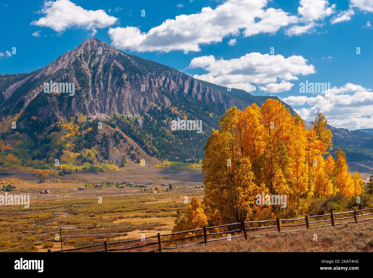 Una bella immagine di un piccolo boschetto di Aspens d'autunno dorato sullo sfondo del Monte Crested Butte nel Colorado centrale. Foto Stock