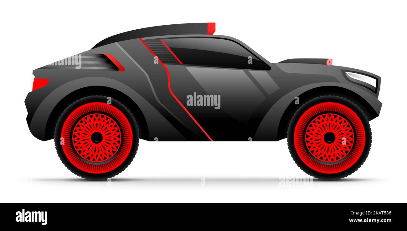 Auto sportiva da rally estremo nei colori nero e rosso isolato su sfondo bianco. Vettura aggressiva, design fuoristrada per safari, illustrazione vettoriale. Illustrazione Vettoriale