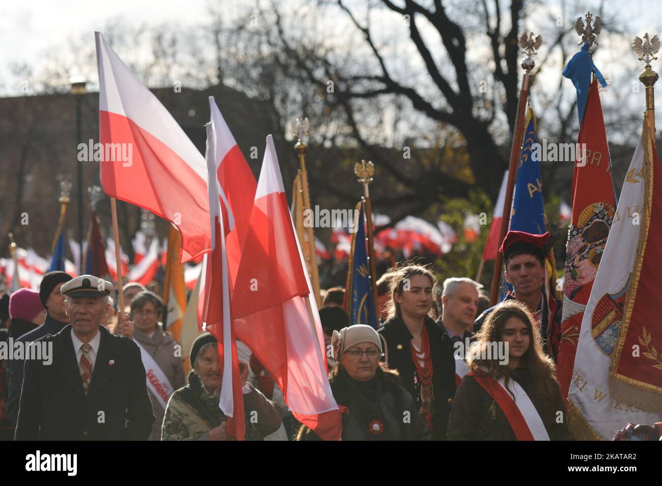 Le celebrazioni di Cracovia del 11th novembre - Giornata dell'Indipendenza Polacca e il 99th° anniversario del ripristino della sovranità della Polonia come seconda Repubblica Polacca nel 1918. Il 11 novembre 2017 nel Castello di Wawl, Cracovia, Polonia. (Foto di Artur Widak/NurPhoto) Foto Stock
