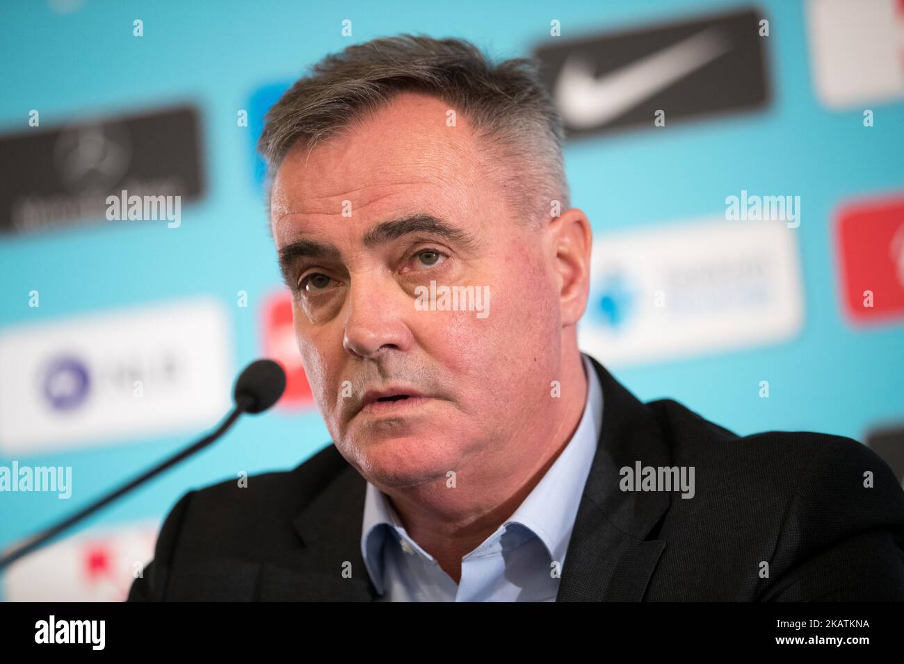 Tomaz Kavcic durante la presentazione del nuovo allenatore del calcio sloveno Una nazionale il 04 dicembre 2017 a Brdo principessa Kranju, Slovenia. Foto: (Foto di Damjan Zibert/NurPhoto) Foto Stock