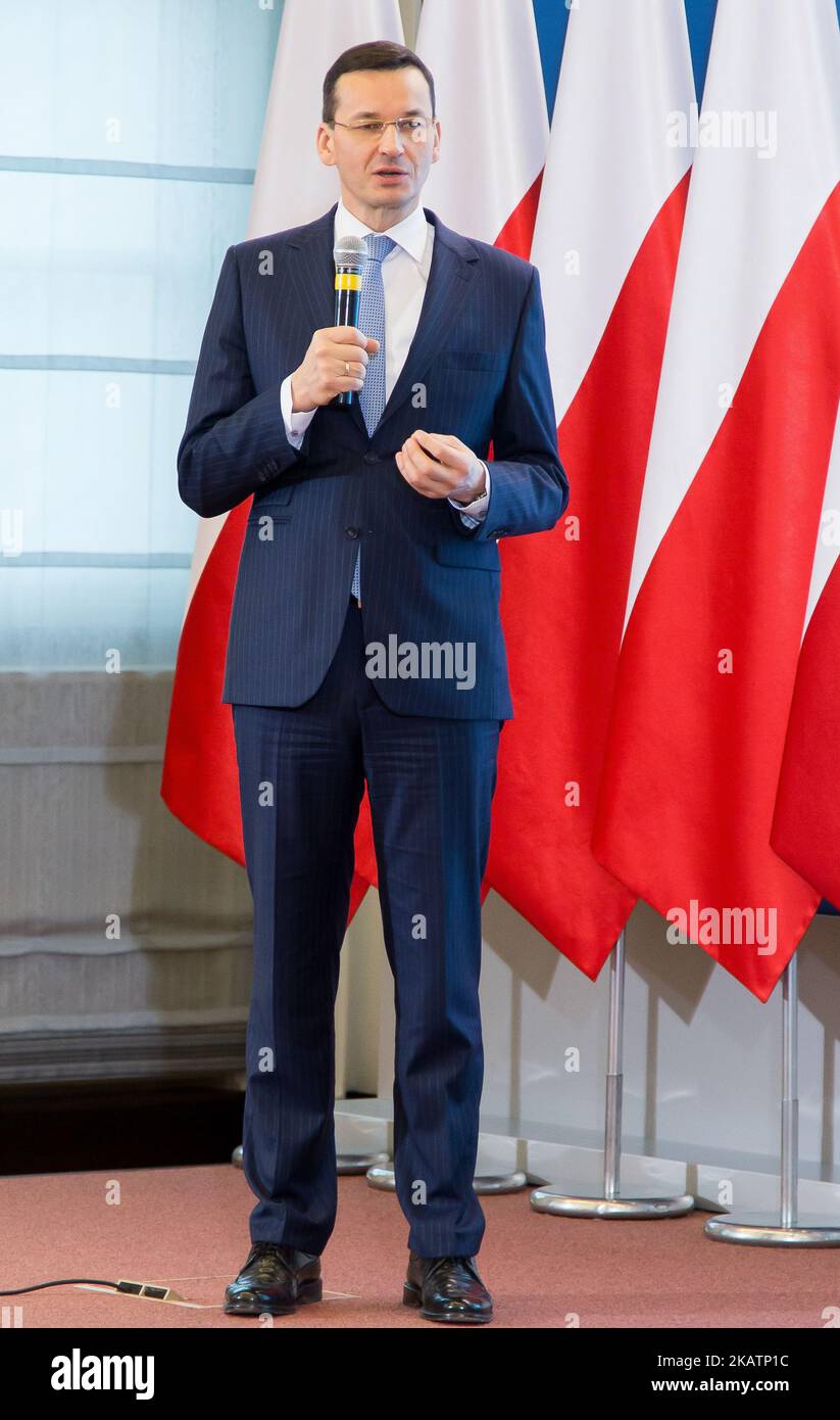 Mateusz Morawiecki, ministro polacco dello sviluppo economico e ministro delle Finanze a Varsavia, Polonia, il 16 febbraio 2016 (Foto di Mateusz Wlodarczyk/NurPhoto) Foto Stock