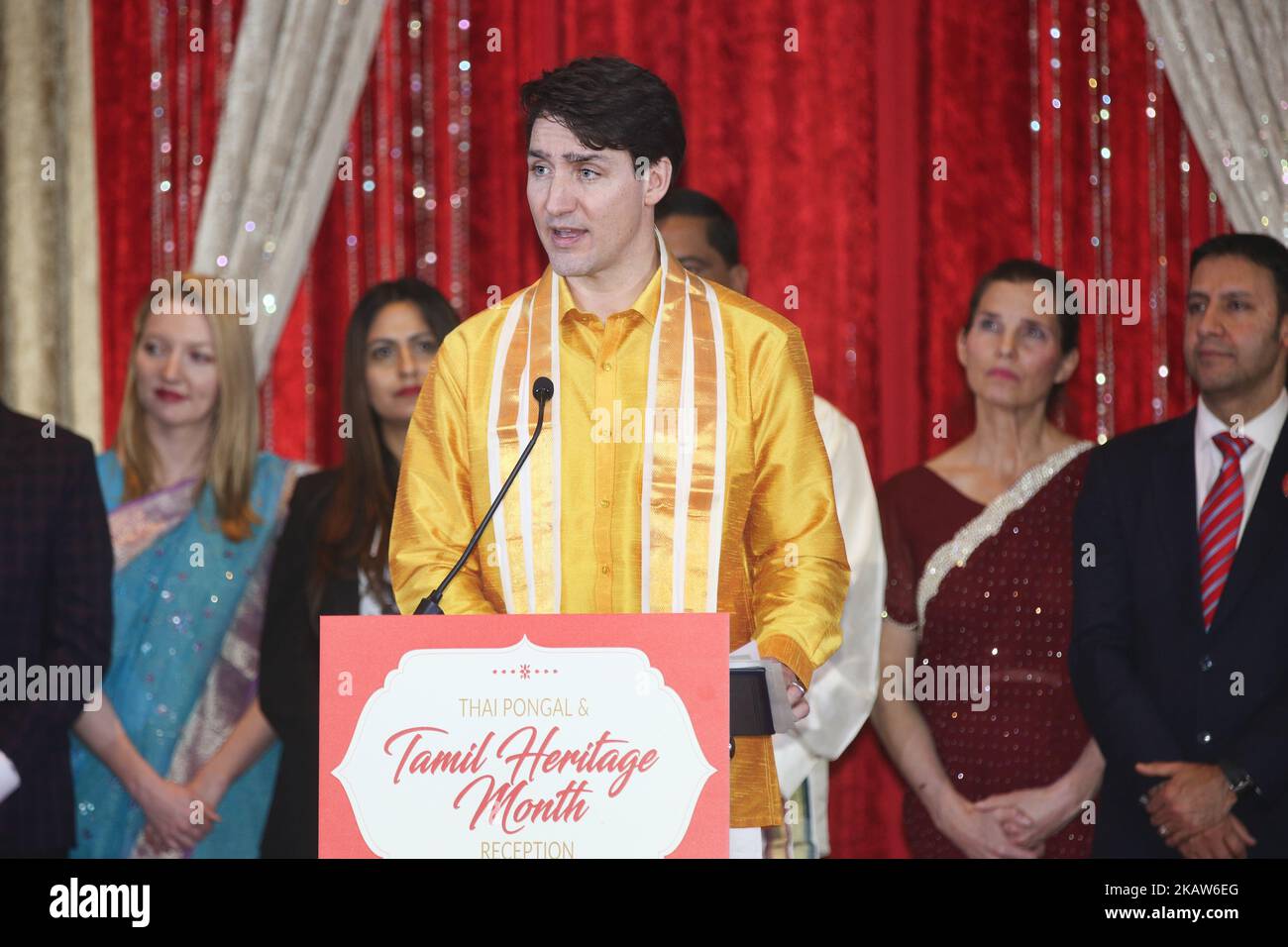 Il primo ministro canadese Justin Trudeau parla durante il ricevimento federale liberale Caucus Thai Pongal e Tamil Heritage Month tenutosi a Scarborough, Ontario, Canada, il 16 gennaio 2018. Il Parlamento canadese dichiarò ufficialmente il mese di gennaio come mese dell'eredità Tamil nel 2016. Il Canada ospita una delle più grandi diaspore tamil del mondo e si stima che oltre 300.000 tamil lo chiamino casa canadese. (Foto di Creative Touch Imaging Ltd./NurPhoto) Foto Stock