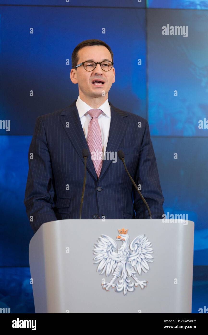 Primo Ministro della Polonia Mateusz Morawiecki durante la conferenza stampa alla Cancelleria del primo Ministro a Varsavia, Polonia, il 23 gennaio 2018. (Foto di Mateusz Wlodarczyk/NurPhoto) Foto Stock