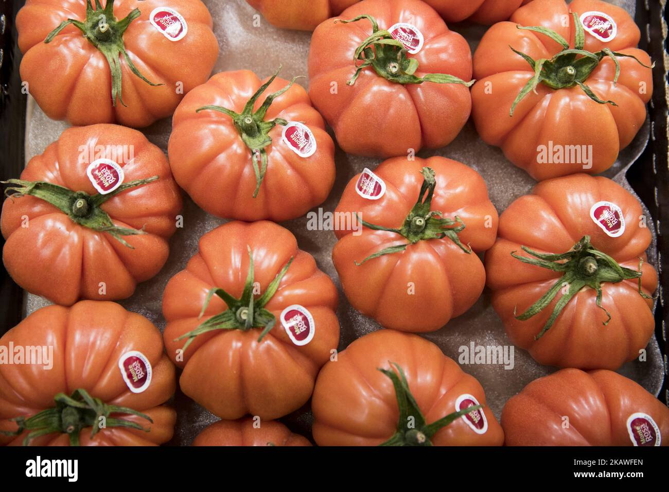 I pomodori sono raffigurati alla Fruit Logistica 2018, fiera internazionale della frutta e della verdura a Berlino, in Germania, il 8 febbraio 2017. La fiera si svolgerà dal 7 al 9 febbraio 2018 e sarà presente da circa 70,000 visitatori e professionisti. (Foto di Emmanuele Contini/NurPhoto) Foto Stock