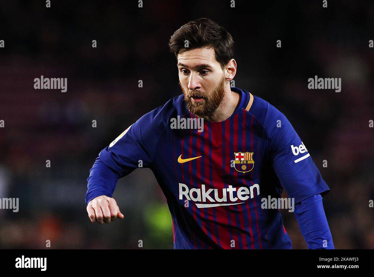 Lionel messi del FC Barcelona durante la Copa del Rey spagnola (Coppa del Re), la seconda tappa della partita di calcio semifinale tra Valencia e F.C di Barcellona allo stadio Mestalla il 8 febbraio 2018 a Valencia, Spagna. (Foto di Joan Cros/NurPhoto) Foto Stock