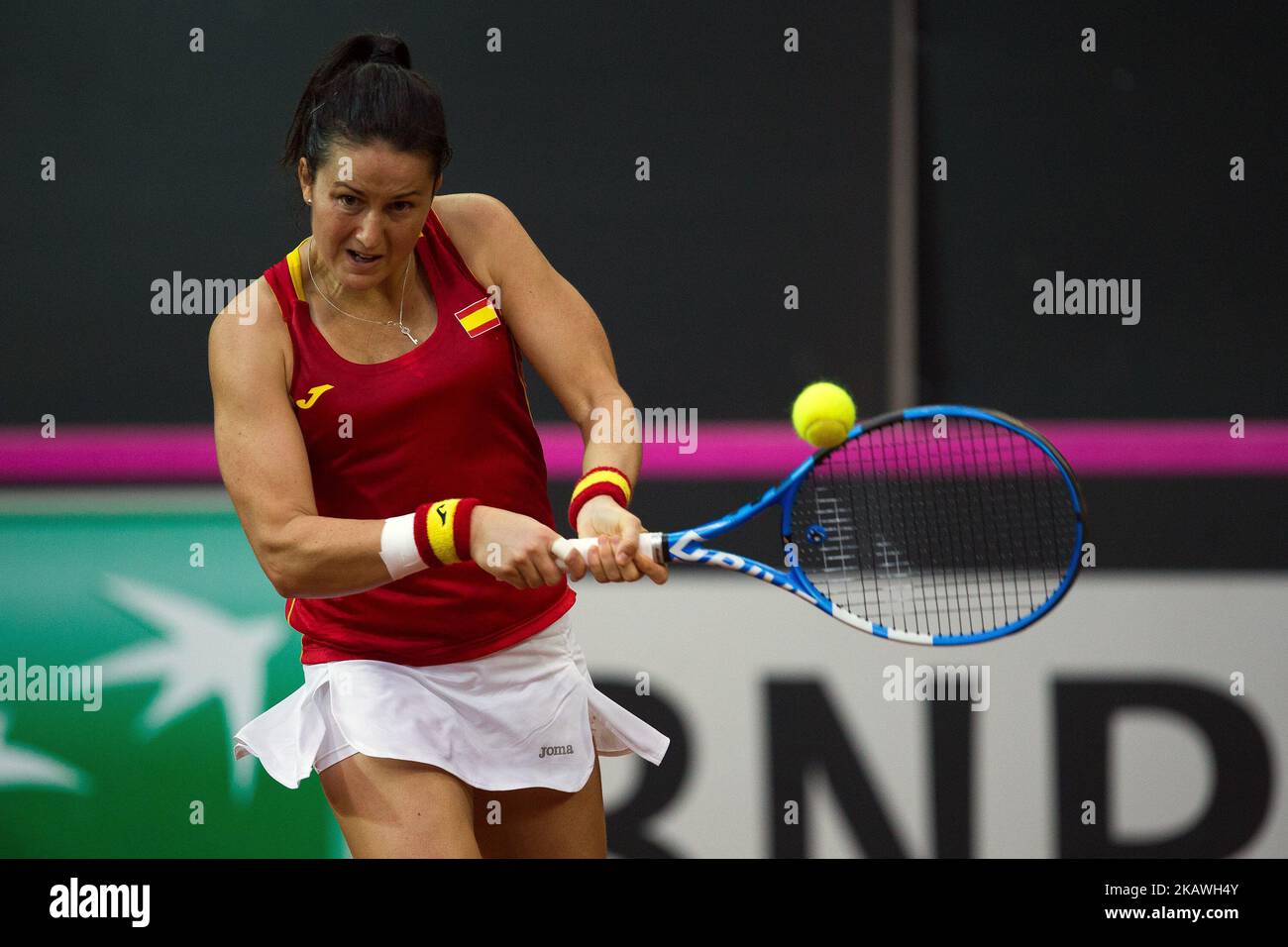 Lara Arruabarrena della squadra spagnola nel corso della Fed Cup 2018 BNP Paribas World Group II primo turno di incontro tra Italia e Spagna alla pala Tricalle 'Sandro Leombroni' il 11 febbraio 2018 a Chieti. (Foto di Danilo di Giovanni/NurPhoto) Foto Stock