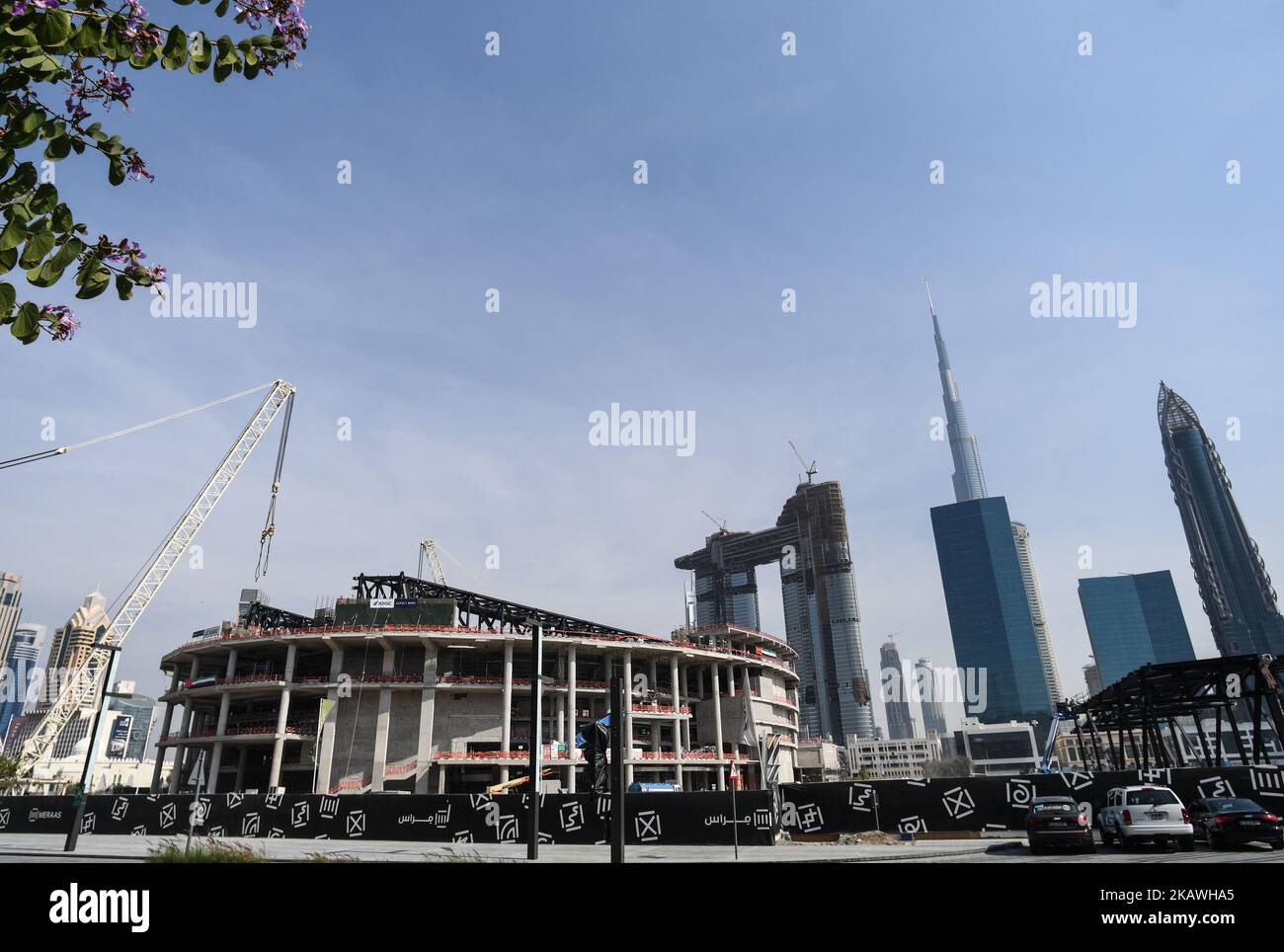 Una vista generale di un cantiere edile visto nella zona pedonale della Dubai Arena City. Sabato 10 febbraio 2018 a Dubai, Emirati Arabi Uniti. (Foto di Artur Widak/NurPhoto) Foto Stock