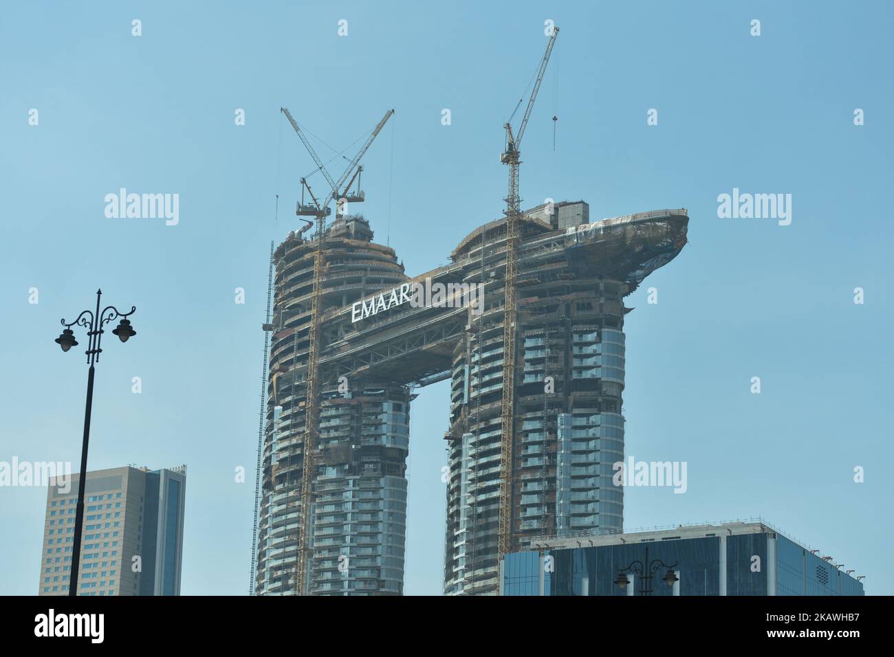 Una vista di un cantiere edile sviluppato dalla proprietà Emaar nel centro della città di Dubai. Sabato 10 febbraio 2018 a Dubai, Emirati Arabi Uniti. (Foto di Artur Widak/NurPhoto) Foto Stock