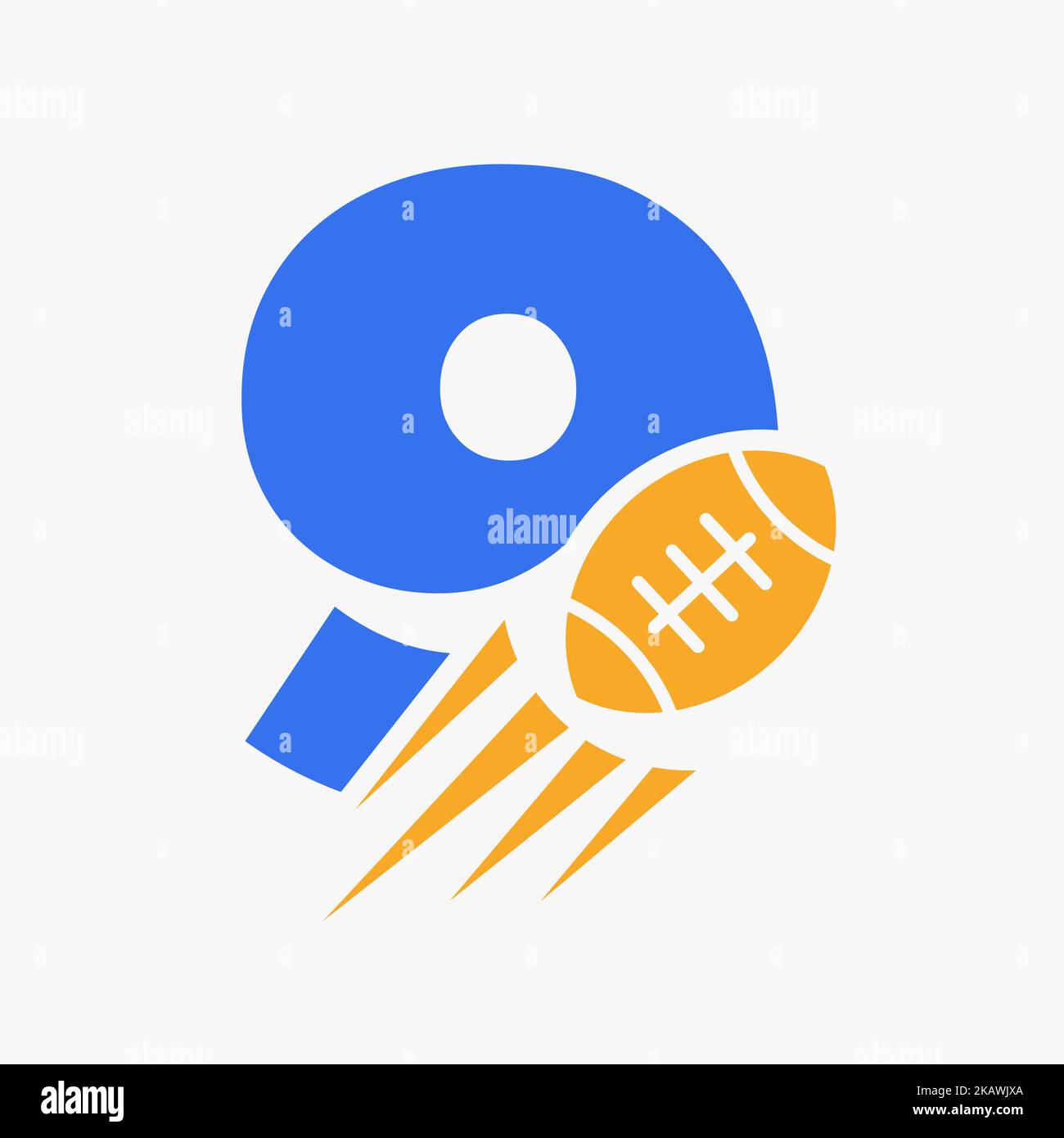 Lettera 9 Rugby Logo Concept con icona Moving Rugby Ball. Modello vettoriale simbolo logo Rugby Sports Illustrazione Vettoriale
