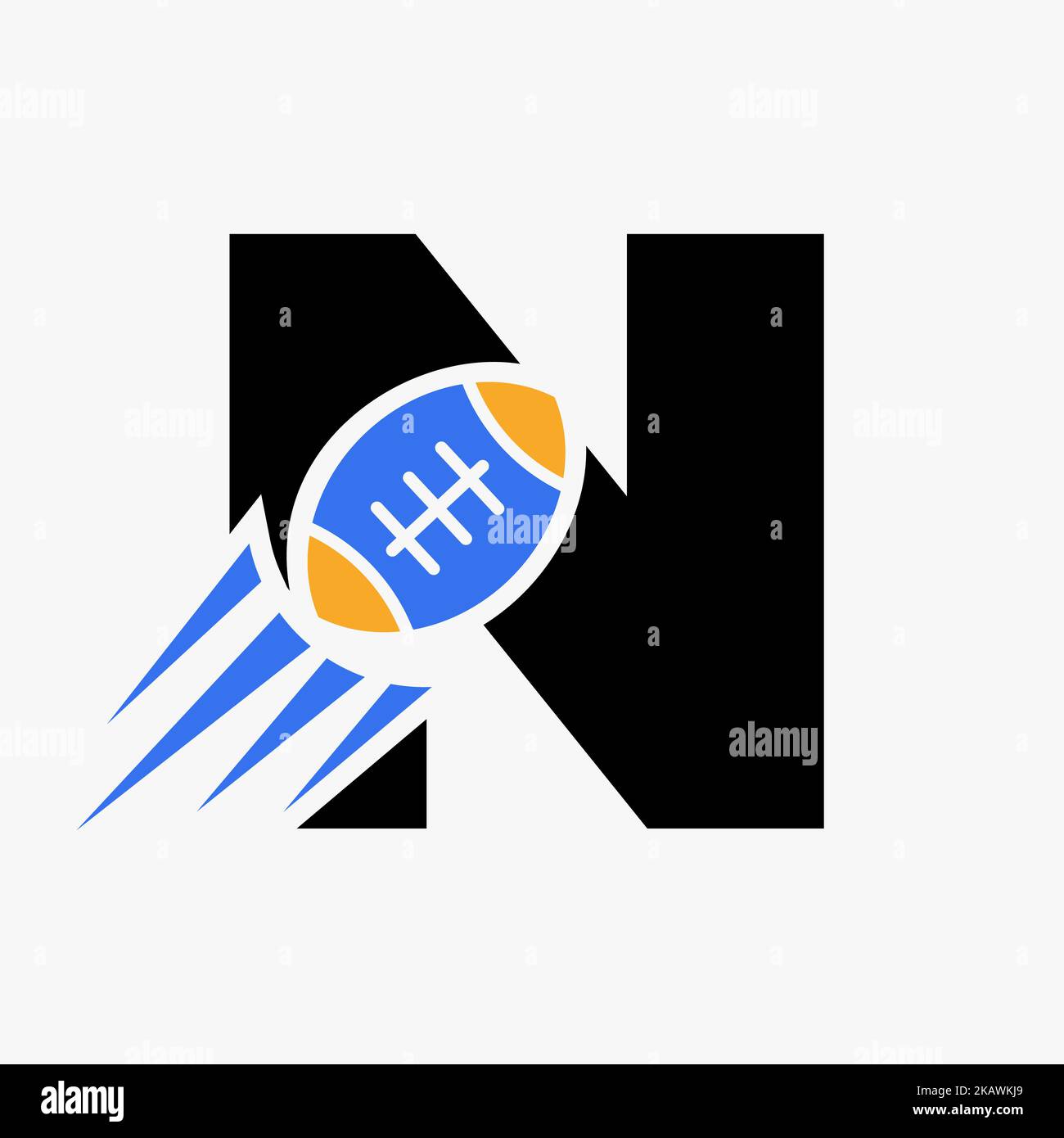 Logo lettera N Rugby con icona Moving Rugby Ball. Modello vettoriale simbolo logo Rugby Sports Illustrazione Vettoriale