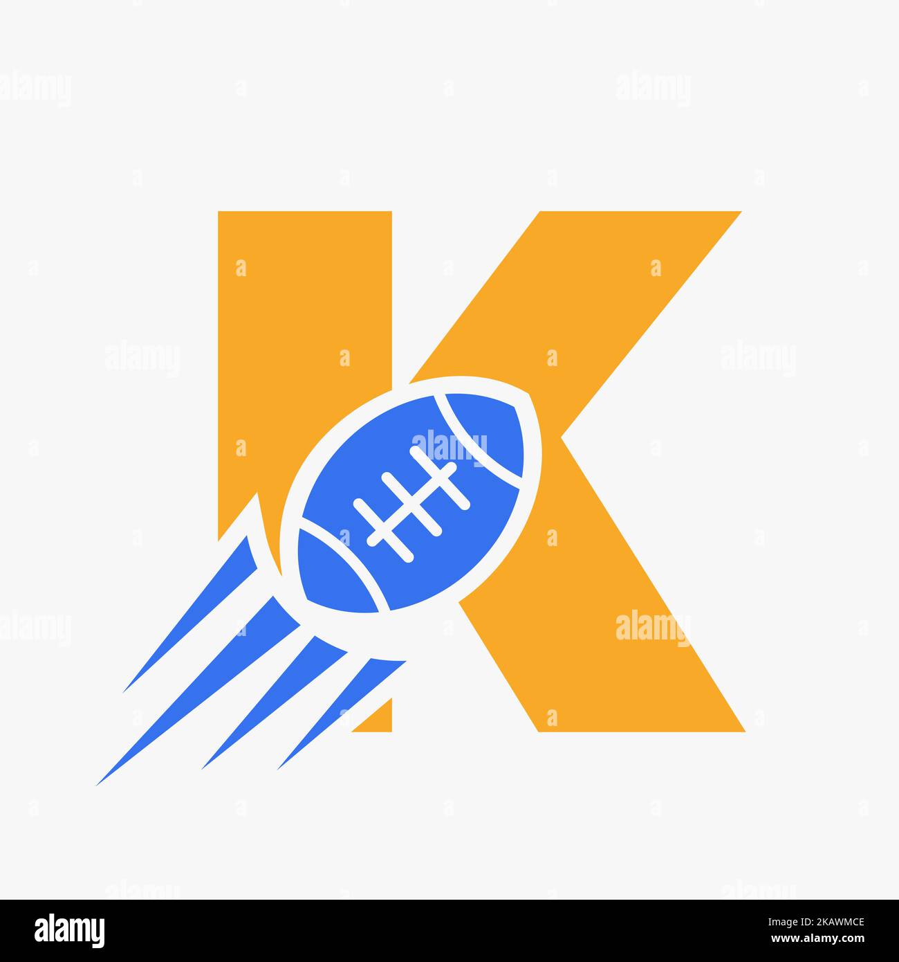 Logo lettera K Rugby con icona Moving Rugby Ball. Modello vettoriale simbolo logo Rugby Sports Illustrazione Vettoriale