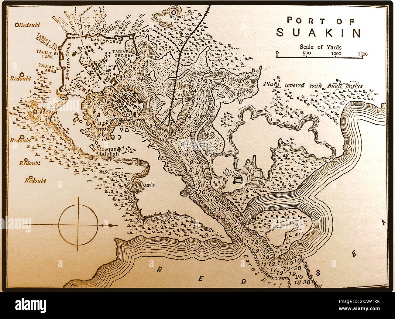 Una mappa del tardo 19th ° secolo del porto di SUAKIN, Sudan --- خريطة أواخر القرن 19 لميناء سواكين، السودان --- Sudan'ın SUAKIN limanının 19. yüzyılın sonlarında bir haritası Foto Stock