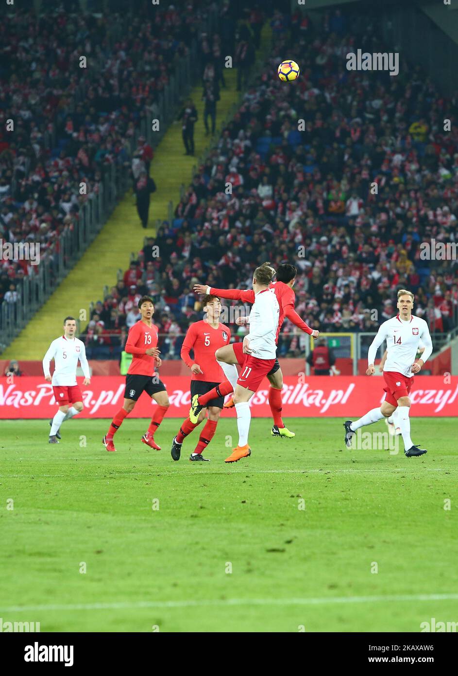 Partita internazionale di calcio amichevole tra la Polonia e le squadre nazionali di calcio della Corea del Sud, presso lo Stadio Slesiano di Chorzow, Polonia, il 27 marzo 2018 (Foto di Mateusz Wlodarczyk/NurPhoto) Foto Stock