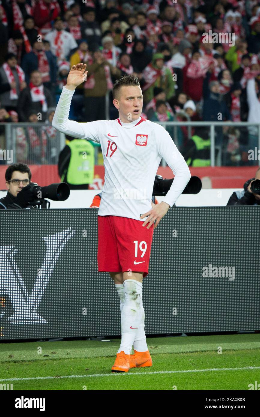 Piotr Zielinski durante la partita internazionale di calcio amichevole tra la Polonia e le squadre nazionali di calcio della Corea del Sud, presso lo Stadio Slesiano di Chorzow, Polonia il 27 marzo 2018 (Foto di Mateusz Wlodarczyk/NurPhoto) Foto Stock