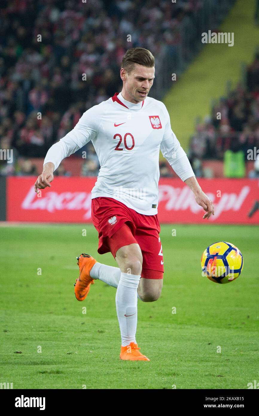 Lukasz Piszczek durante la partita internazionale di calcio amichevole tra la Polonia e le squadre nazionali di calcio della Corea del Sud, allo Stadio Slesiano di Chorzow, Polonia il 27 marzo 2018 (Foto di Mateusz Wlodarczyk/NurPhoto) Foto Stock