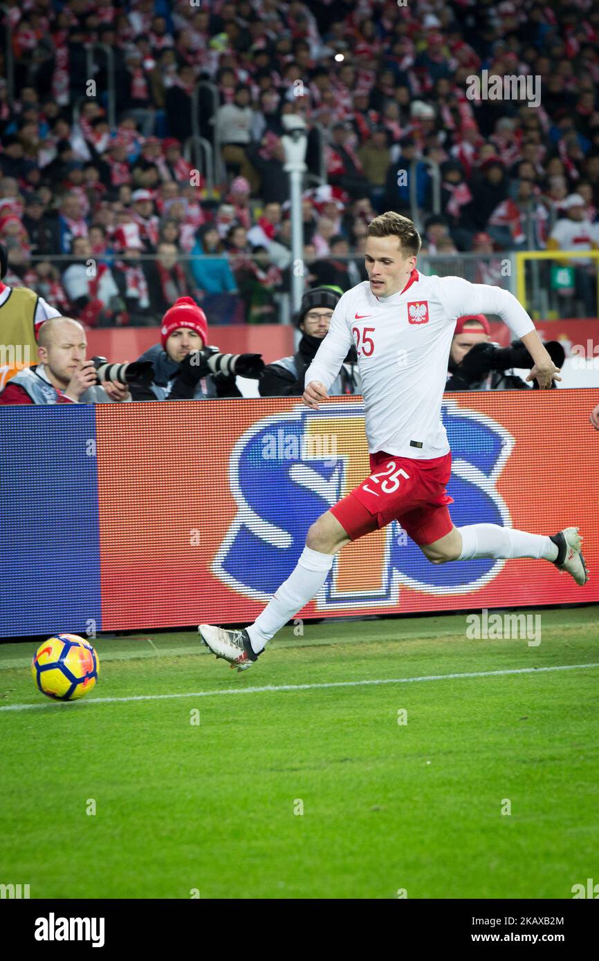 Tomasz Kedziora durante la partita internazionale di calcio amichevole tra la Polonia e le squadre nazionali di calcio della Corea del Sud, presso lo Stadio Slesiano di Chorzow, Polonia il 27 marzo 2018 (Foto di Mateusz Wlodarczyk/NurPhoto) Foto Stock