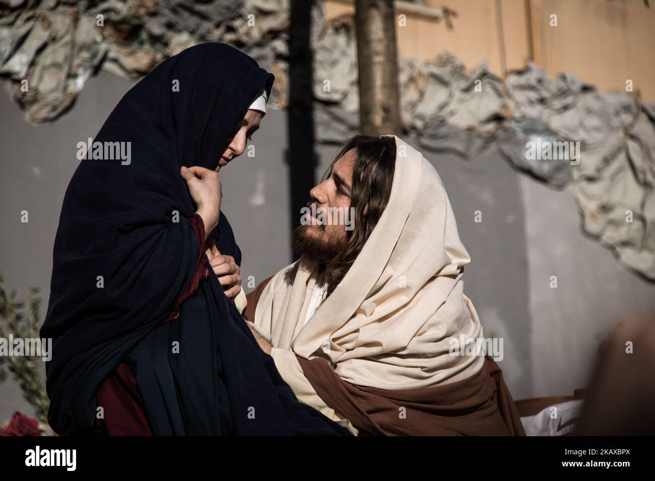 Spettacolo teatrale della passione di Cristo (ultima cena di Cristo) nella Chiesa di Sant’Isidoro durante il Giovedì Santo a Palermo, in Sicilia, il 29 marzo 2018. (Foto di Victoria Herranz/NurPhoto) Foto Stock