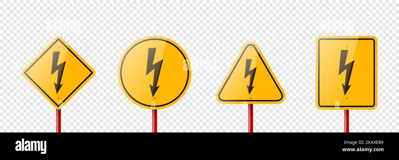 Vector Yellow Warning, Danger Stop Sign Frame con freccia fulmini Iicon set isolato. Rhombus, Circle, Triangle, Rectangle Dangerous Sign Collection Illustrazione Vettoriale