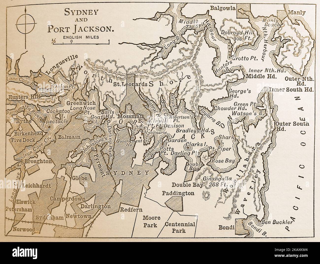 Una mappa della fine del 19thcentury delle regioni di Sydney e Port Jackson Foto Stock