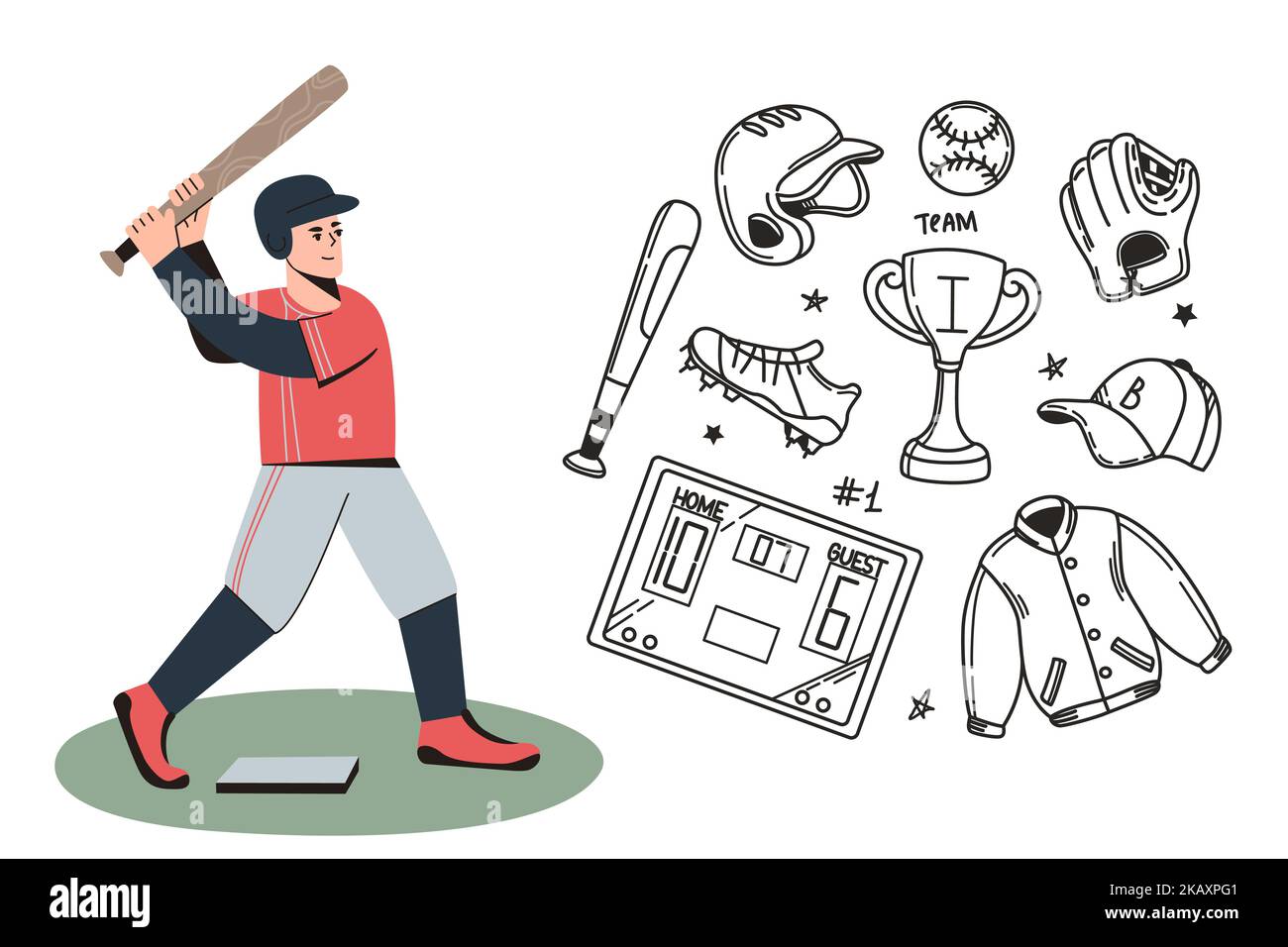 Icone di baseball doodle set di giocatore, uniforme per gioco e attrezzature sportive. Collezione disegno a mano di pipistrelli, guanti in pelle, scarpe o tacchette, palline e guanti. Casco nero, coppa campione e tabellone segnapunti. Illustrazione Vettoriale Icone di baseball doodle set di giocatore, uniforme per gioco e attrezzature sportive. Collezione disegno a mano di pipistrelli, guanti in pelle, scarpe o tacchette, palline e guanti. Casco nero, coppa campione e tabellone segnapunti. Illustrazione Vettoriale