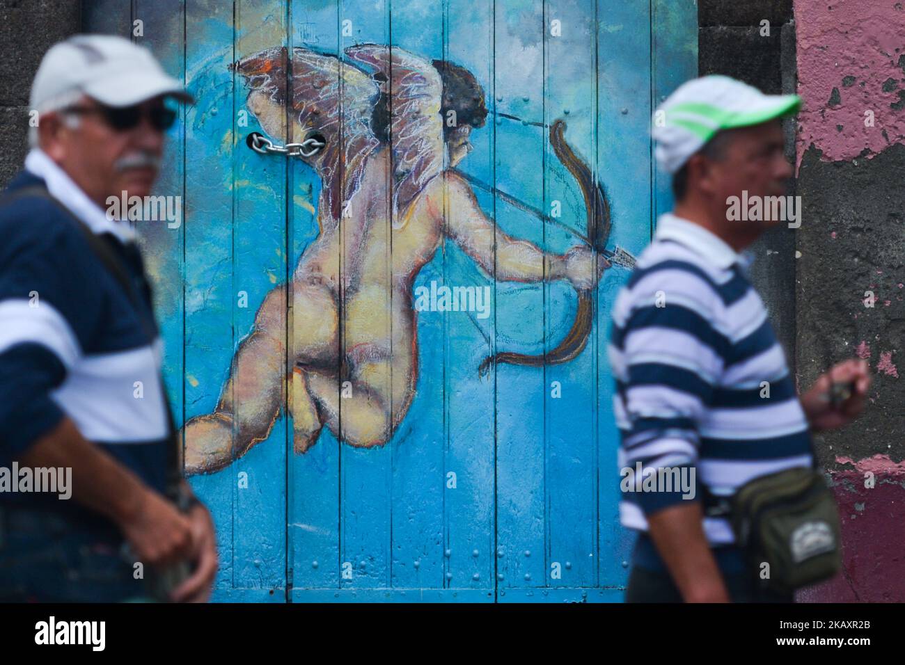 Una vista delle porte dipinte nel vecchio quartiere di Funchal, una parte del progetto 'Arte de Portas abertas'. Lunedì 23 aprile 2018, a Funchal, Isola di Madeira, Portogallo. (Foto di Artur Widak/NurPhoto) Foto Stock