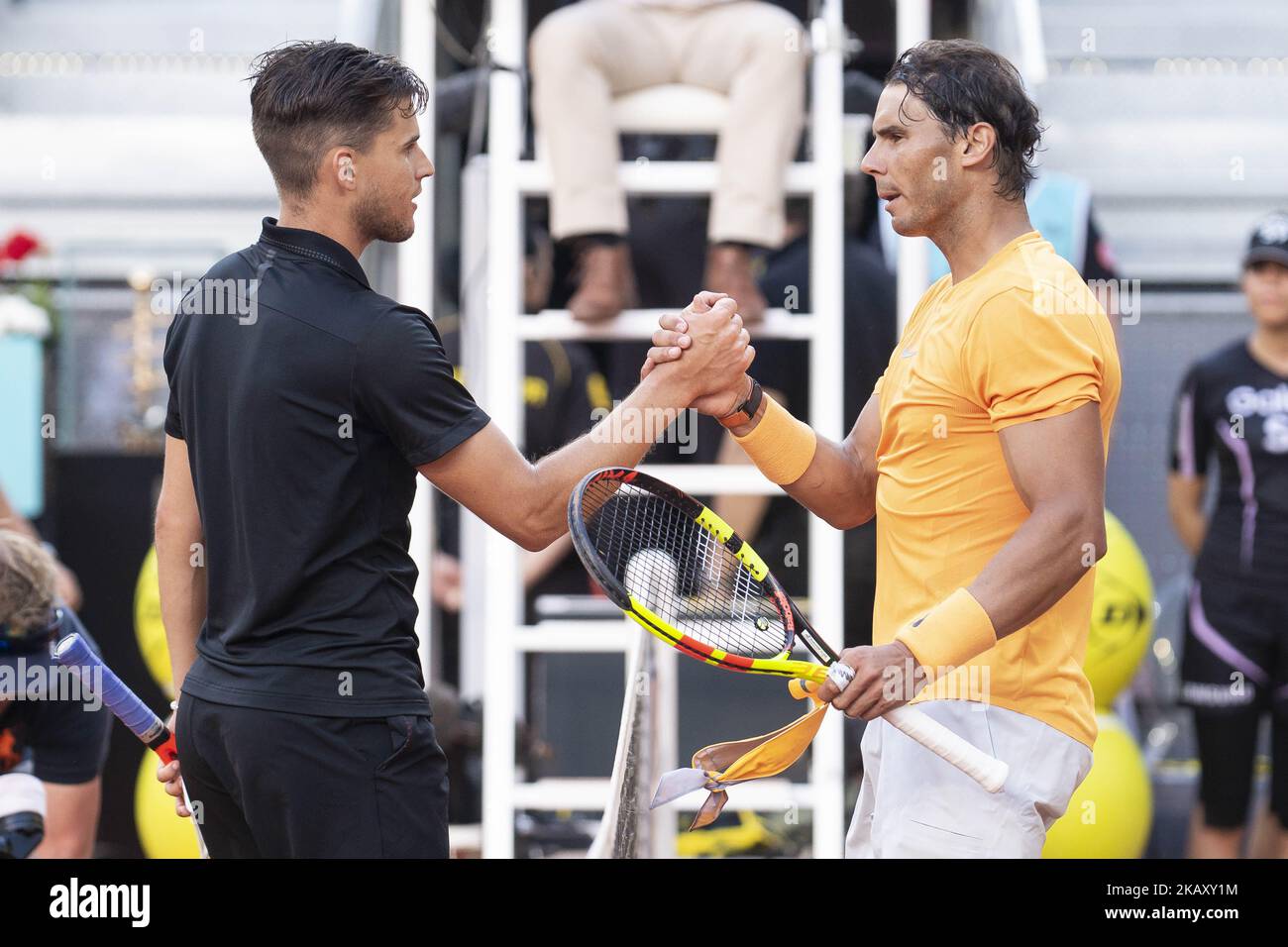 L'austriaco Dominic Thiem e lo spagnolo Rafa Nadal durante Mutua Madrid Open 2018 a Caja Magica a Madrid, (Foto di COOLMedia/NurPhoto) Foto Stock