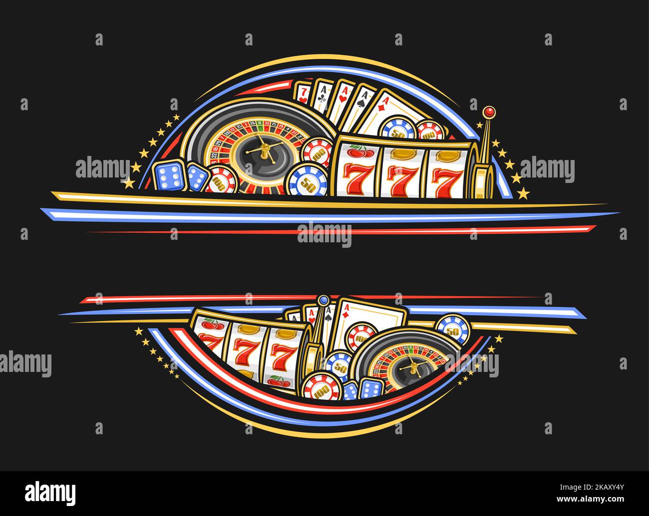 Vector Border per Casino con spazio vuoto per la copia di testo, invito decorativo con illustrazione della ruota della roulette, bobina di filatura della slot machine, cas Illustrazione Vettoriale