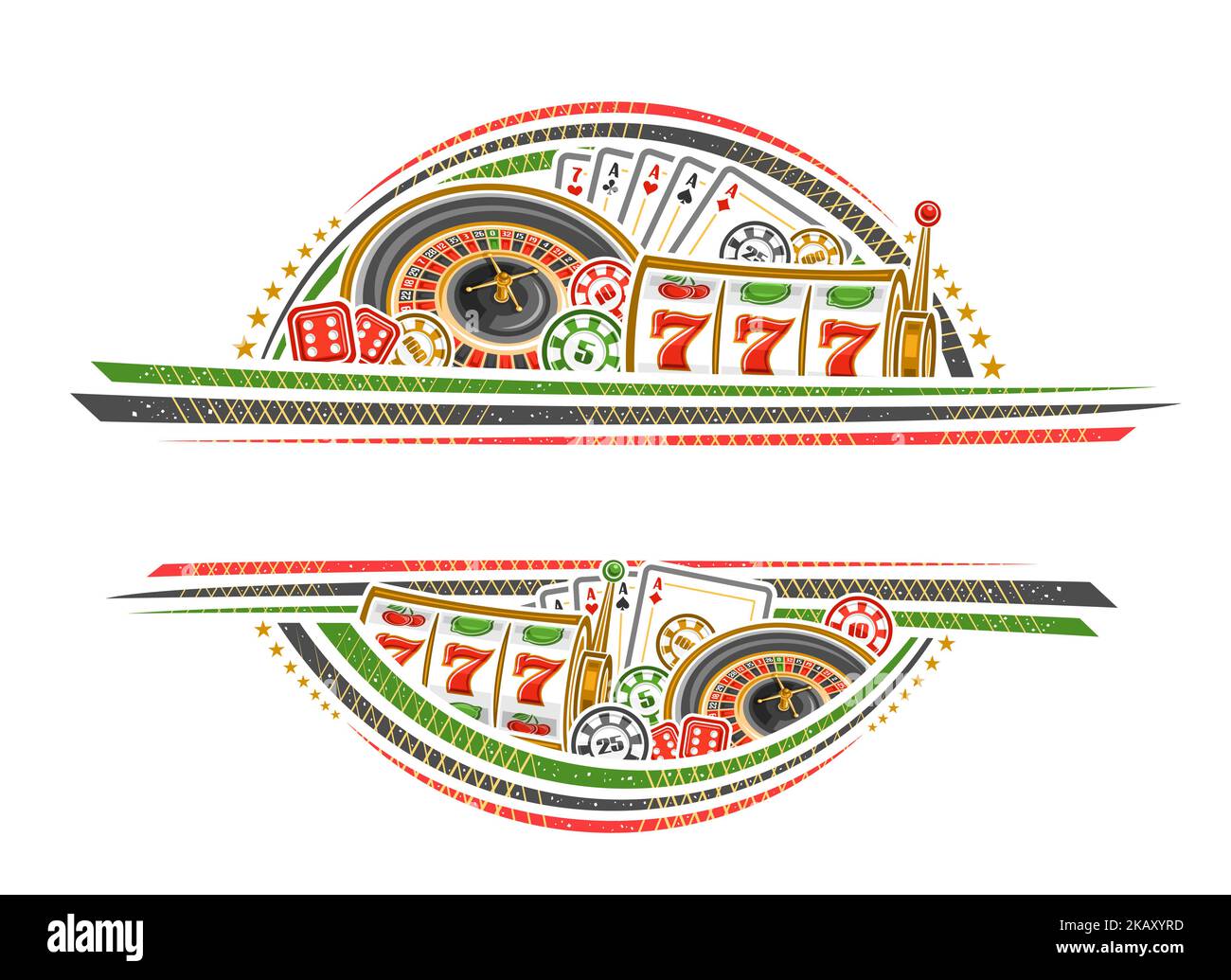 Vector Border per Casino con spazio vuoto per testo pubblicitario, invito decorativo con illustrazione della ruota della roulette, mulinello di slot m. Illustrazione Vettoriale