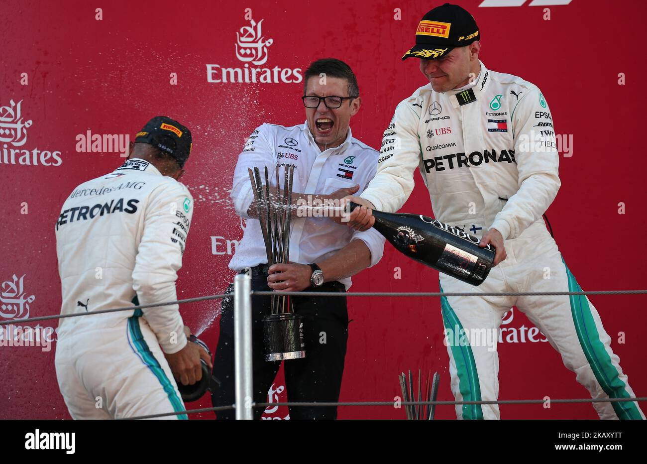 Lewis Hamilton e Valtteri Bottas, team Mercedes, sul podio del GP di Spagna F1, il 13th maggio 2018 a Barcellona, Spagna. -- (Foto di Urbanandsport/NurPhoto) Foto Stock