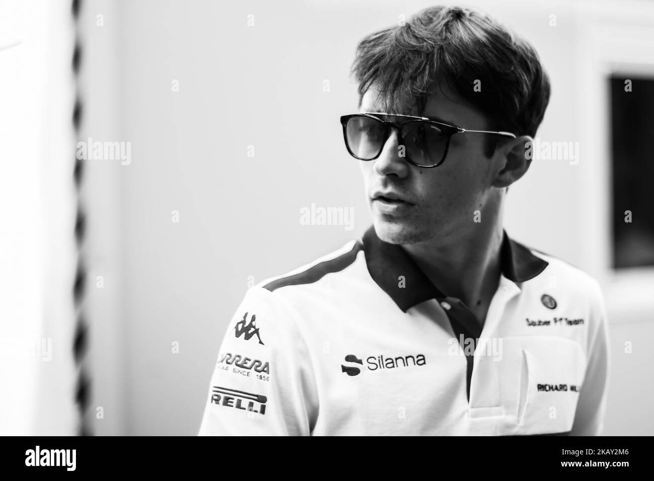 16 Carlo Leclerc da Monaco con il ritratto dell'Alfa Romeo Sauber F1 Team C37 durante il Gran Premio di Formula uno di Monaco il 25th maggio 2018 a Montecarlo, Monaco. (Foto di Xavier Bonilla/NurPhoto) Foto Stock