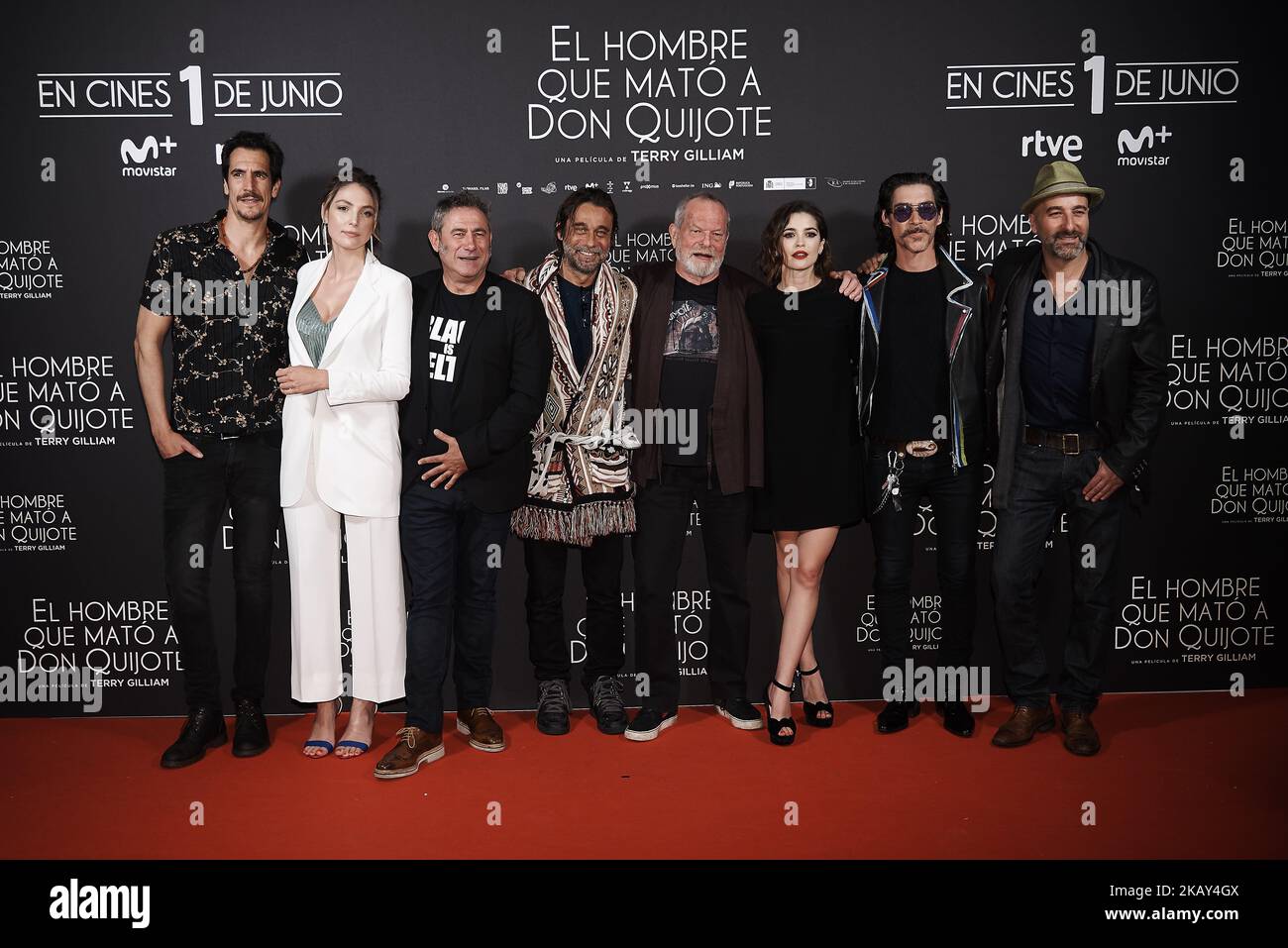 Terry Gillian e la troupe cinematografica partecipano alla prima di 'The Man Who Killed Don Chisciotte' al Cine Dore di Madrid il 28 maggio 2018 (Foto di Gabriel Maseda/NurPhoto) Foto Stock