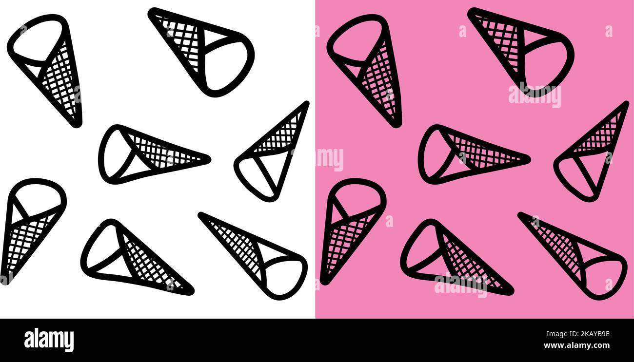 La vista dei coni di gelato nero su sfondo bianco e rosa Illustrazione Vettoriale