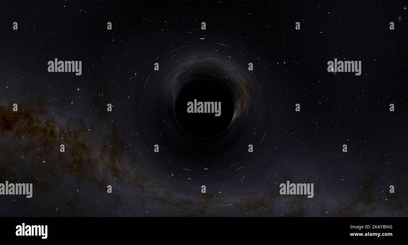 Gigantesco buco nero nello spazio profondo 3D illustrazione carta da parati buco nero vortice distorsione del tempo e dello spazio, orizzonte degli eventi. Lo sfondo dell'Universo Foto Stock