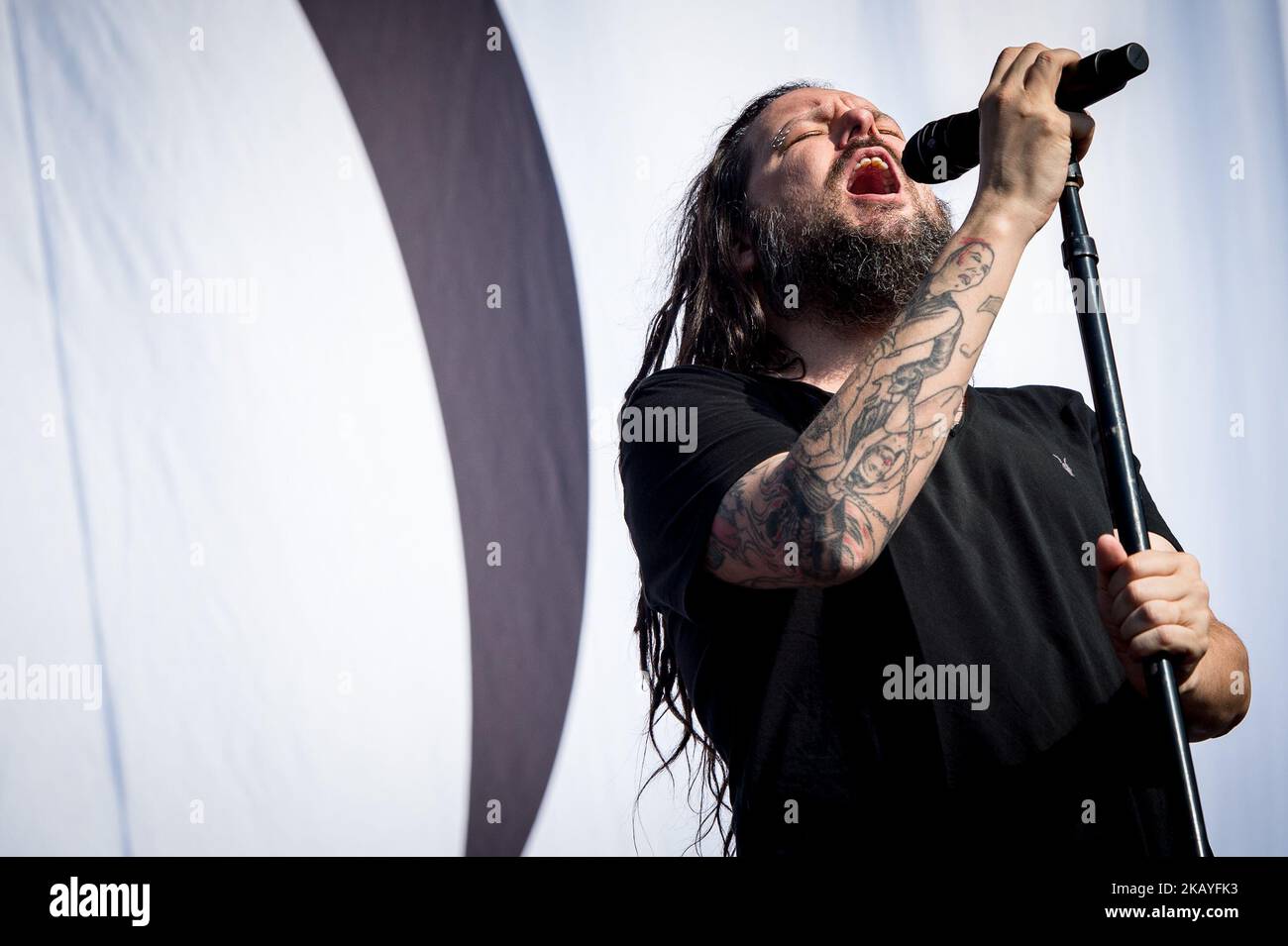 Il cantante e musicista americano Jonathan Davis, meglio conosciuto come cantante e frontman della band Nu Metal Korn, si esibisce dal vivo sul palco durante il festival Firenze Rocks presso la Visarno Arena , Firenze, Italia, il 16 giugno 2018. (Foto di Giuseppe Maffia/NurPhoto) Foto Stock