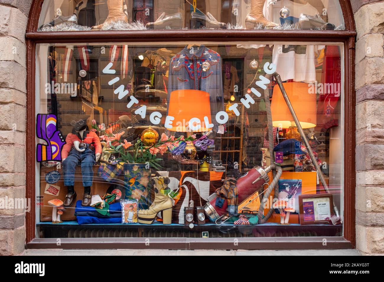 Pop Stockholm vetrine del negozio di abbigliamento vintage nel quartiere Södermalm di Stoccolma, Swededn Foto Stock