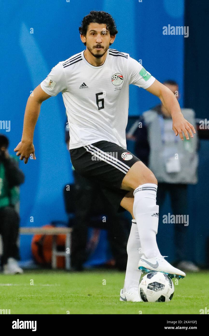 Ahmed Hegazy della nazionale egiziana durante la Coppa del mondo FIFA Russia 2018 Un incontro tra Russia ed Egitto il 19 giugno 2018 allo stadio di San Pietroburgo a San Pietroburgo, Russia. (Foto di Mike Kireev/NurPhoto) Foto Stock