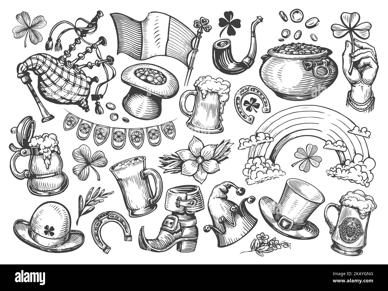 Disegno di concetto del giorno dei santi Patricks. Set di simboli per le vacanze irlandesi. Illustrazioni della collezione disegnate in stile d'incisione vintage Foto Stock