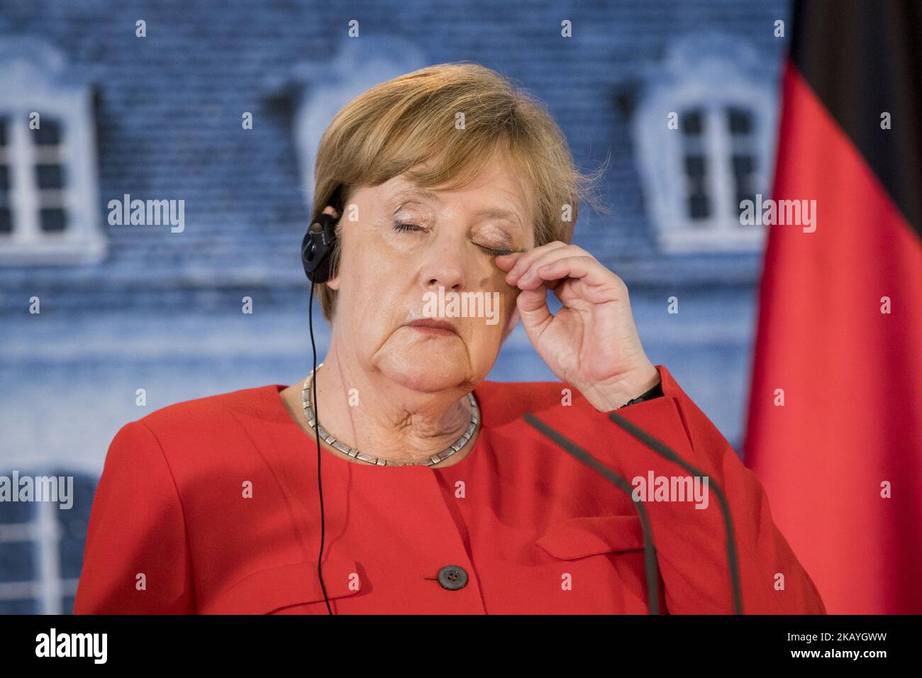 La cancelliera tedesca Angela Merkel è raffigurata durante una conferenza stampa dopo un incontro dei ministri tedesco-francese a Meseberg, in Germania, il 19 giugno 2018. (Foto di Emmanuele Contini/NurPhoto) Foto Stock