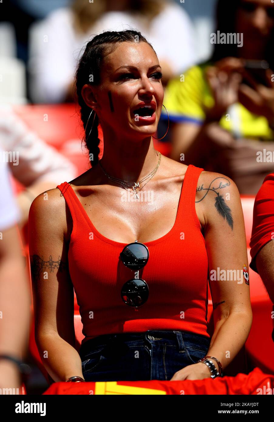 Gruppo G Belgio / Tunisia - Coppa del mondo FIFA Russia 2018 Alex Witsel ragazza Raffaella Szabo allo Stadio Spartak a Mosca, Russia il 23 giugno 2018. (Foto di Matteo Ciambelli/NurPhoto) Foto Stock