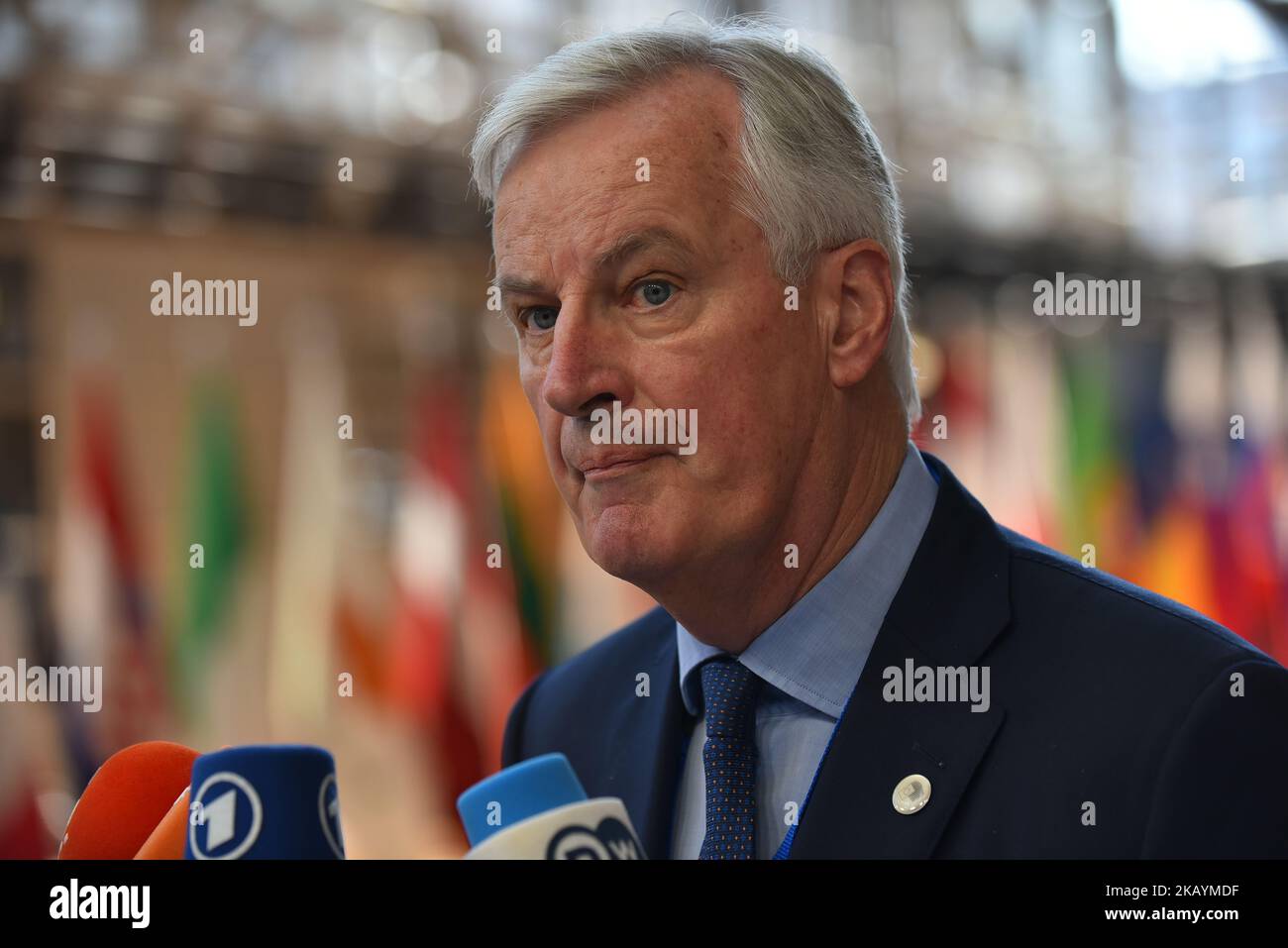 Il capo negoziatore europeo Michael Barnier arriva al vertice del Consiglio europeo di Bruxelles del 28 giugno 2018. I leader dell'Unione europea si riuniscono oggi in occasione del Consiglio europeo di due giorni. L'agenda prevede discussioni su migrazione, sicurezza e difesa, i leader dovrebbero discutere la cooperazione UE-NATO in vista del vertice NATO di luglio. Il Consiglio europeo (art 50), in formato UE 27, esaminerà lo stato di avanzamento dei negoziati sulla Brexit e adotterà le conclusioni sui progressi compiuti. (Foto di Alberto Pezzali/NurPhoto) Foto Stock