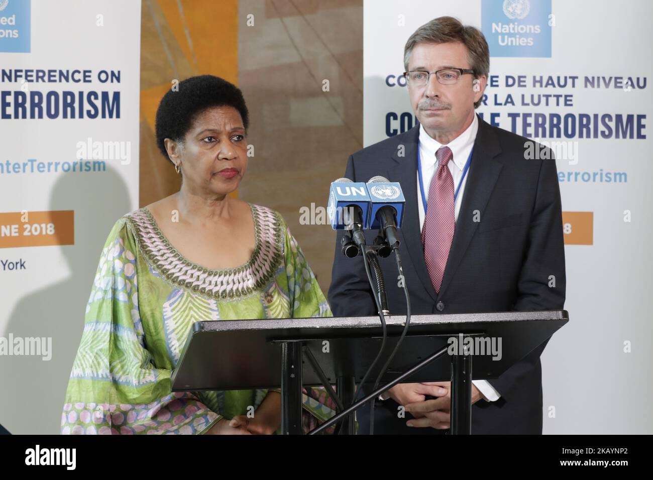 Nazioni Unite, New York, USA, giugno 29 2018 - Phumzile Mlambo-Ngcuka, Direttore Esecutivo delle Donne delle Nazioni Unite, insieme ad Alexander Avanessov, Consigliere speciale per la prevenzione dell'estremismo violento Stampa sulla Conferenza antiterrorismo delle Nazioni Unite in corso oggi presso la sede delle Nazioni Unite a New York City. Foto: Luiz Rampelotto/EuropaNewswire (Foto di Luiz Rampelotto/NurPhoto) Foto Stock