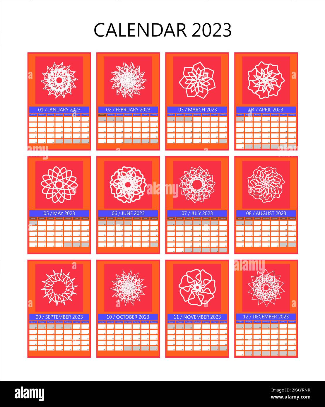 Calendario vettoriale 2023 con fiori. Con calendario settimanale a partire dalla domenica. Con colori blu, rosso e arancione. Illustrazione Vettoriale