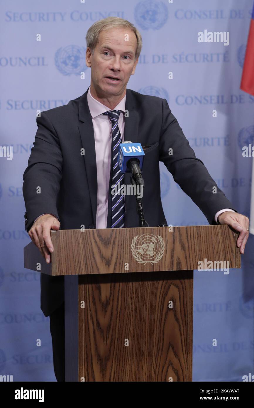 Nazioni Unite, New York, USA, luglio 05 2018 - Olof Skoog e Rappresentante permanente della Svezia presso le Nazioni Unite e Presidente del Consiglio di sicurezza per il mese di luglio, ha informato i giornalisti sulla guerra dello Yemen oggi presso la sede delle Nazioni Unite a New York City. (Foto di Luiz Rampelotto/NurPhoto) Foto Stock