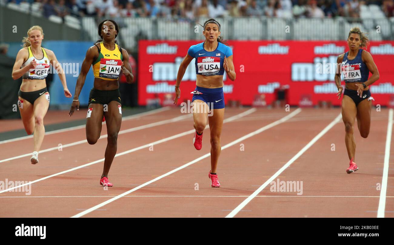 L-R Shericka Jackson della Giamaica e Jenna Prandini degli Stati Uniti gareggiano nelle 200m Donne durante la Coppa del mondo di atletica Londra 2018 al London Stadium, Londra, il 15 luglio 2018 (Photo by Action Foto Sport/NurPhoto) Foto Stock