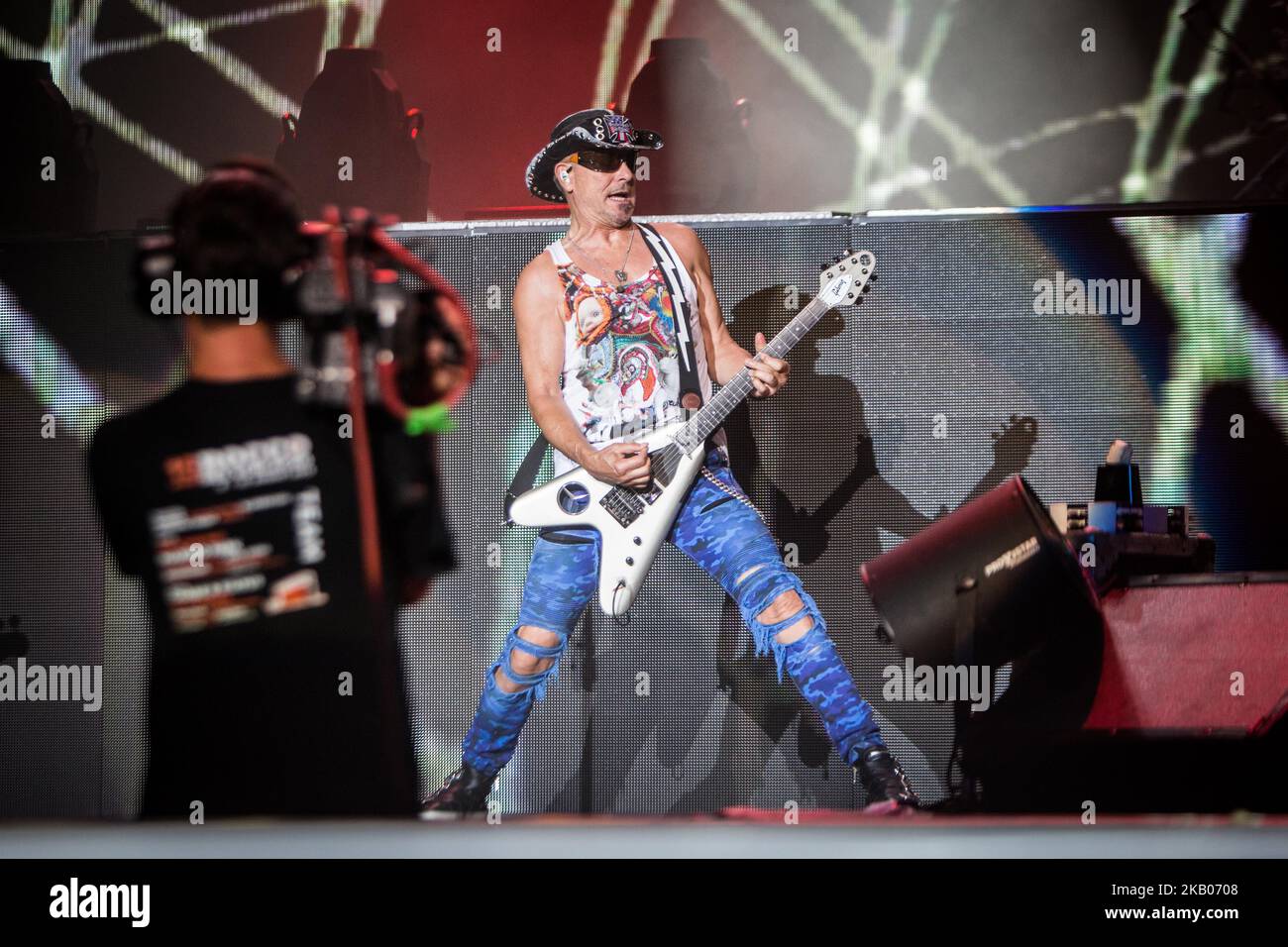 Rudolf Schenker, della band tedesca degli Scorpions, ha suonato dal vivo all'Arena di Verona, in Italia, il 23 luglio 2018. (Foto di Roberto Finizio/NurPhoto) Foto Stock