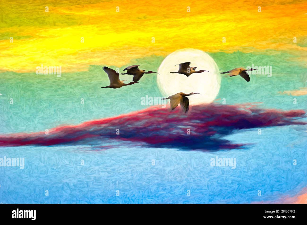 Un gregge di uccelli sta volando insieme contro Un cielo di tramonto colorato in disegno Illustrazione formato Foto Stock