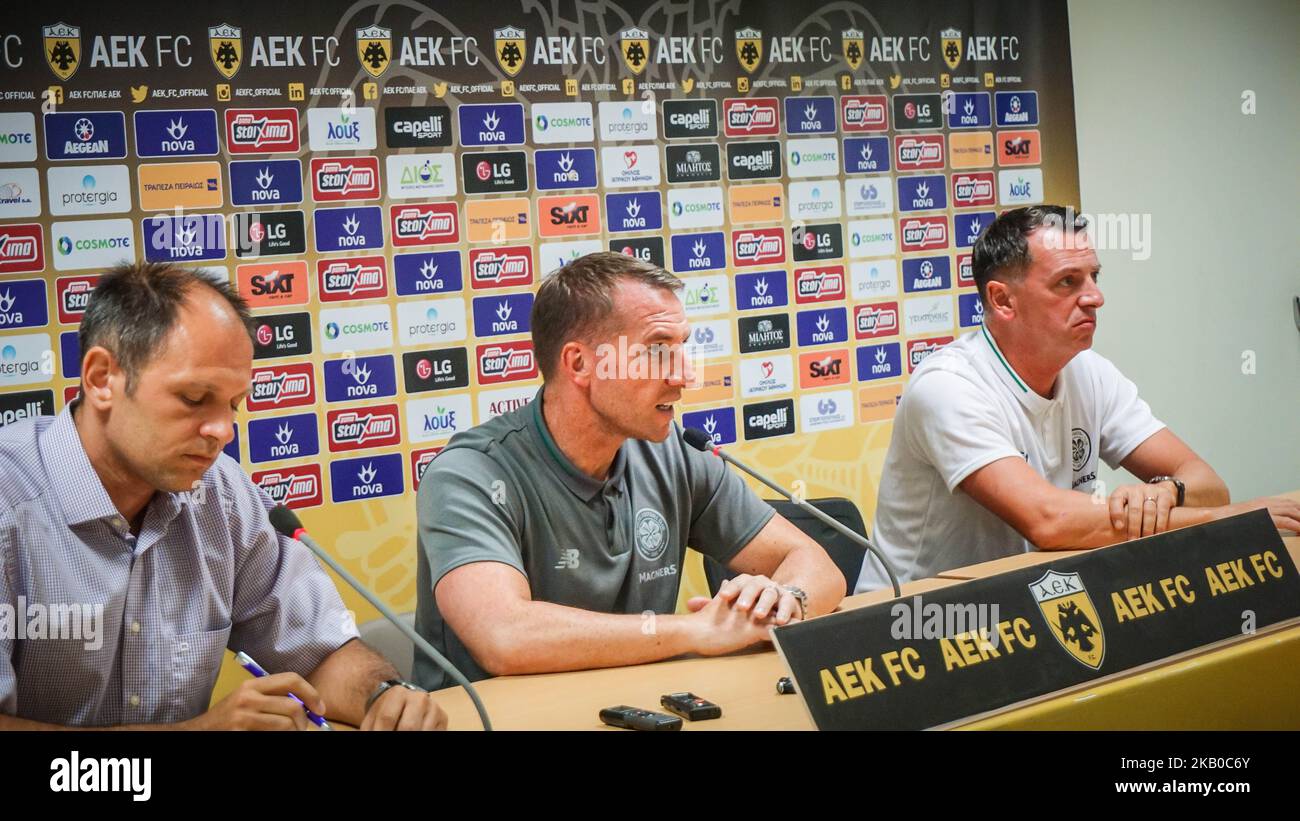 Brendon Rodgers, manager del Celtic FC, parla ai media durante una conferenza stampa in vista dello scontro della Celtic Champions League contro l'AEK Athens FC per il calcio di seconda tappa tra l'AEK Athens FC e il Celtic FC allo Stadio Olimpico di Atene, in Grecia, il 13 agosto 2018. (Foto di Giannis Alexopoulos/NurPhoto) Foto Stock