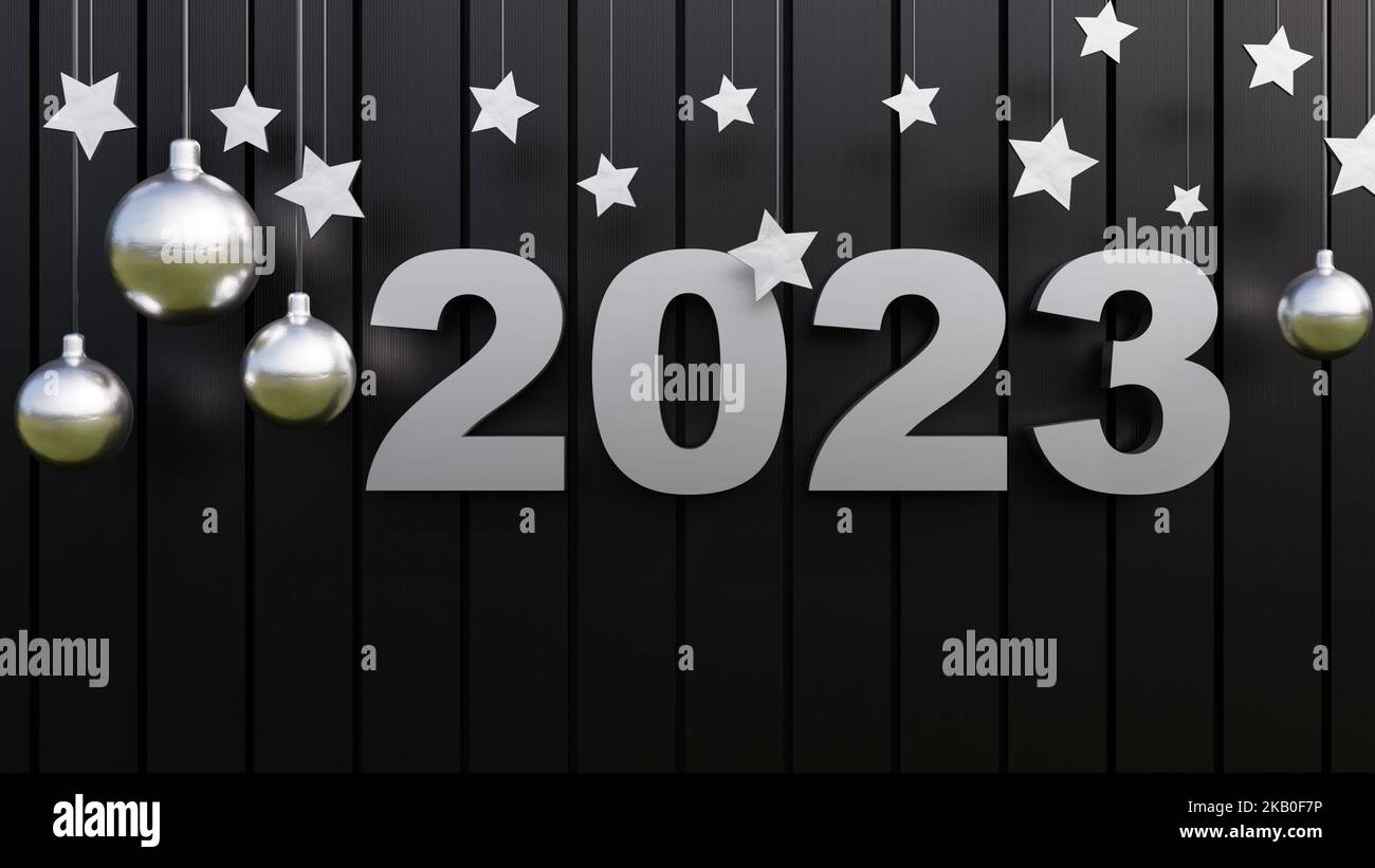 2023 in grassetto lettere numero 3d render sfondo, realistico sfondo di capodanno per la celebrazione di nuovo anno, argento desiderio in nuovo anno festival conc Foto Stock